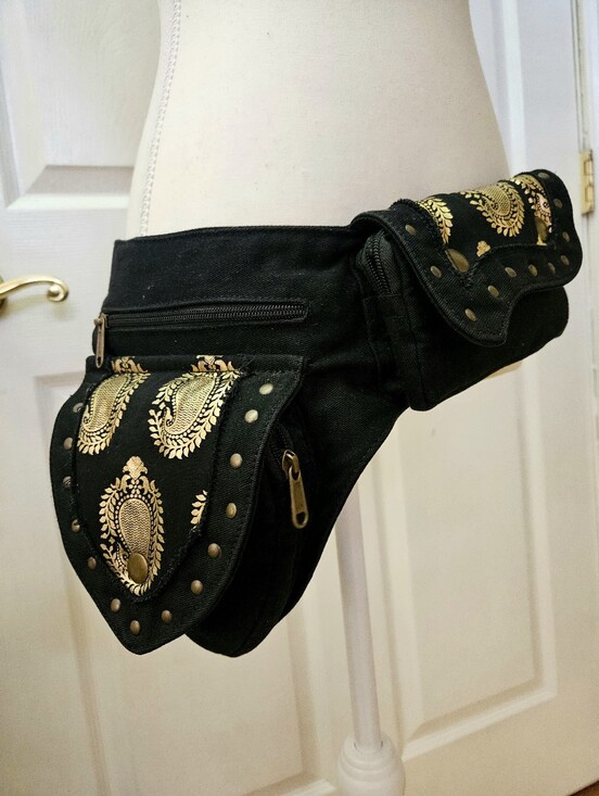 Dolls Kill Handbags - Perfect Artist Made UK Black Gold Paisley Canvas Boho Trance Festival Bag Belt
